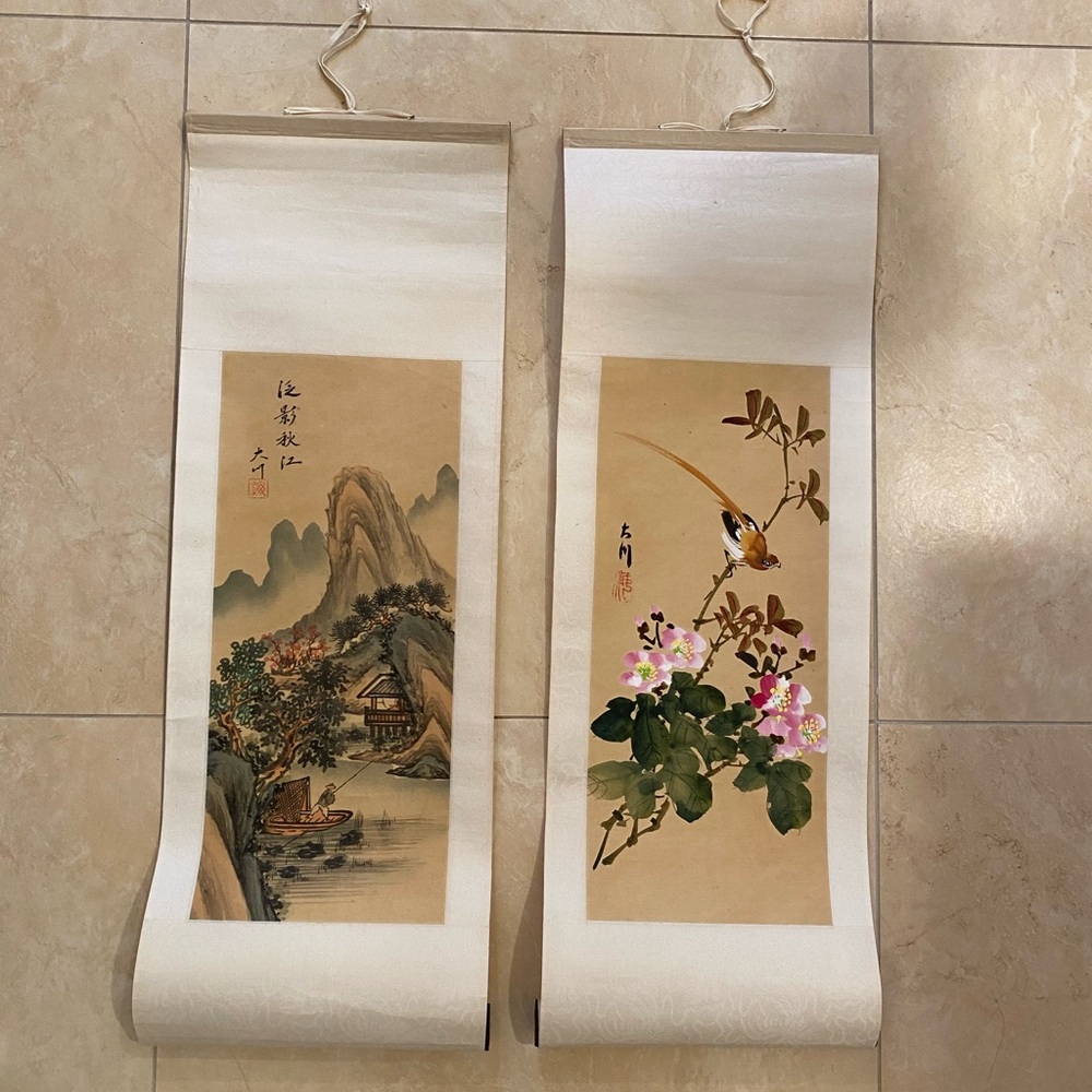 Vintage HAND PAINTED and SIGNED Japanese Scroll Paintings - Nature and Floral